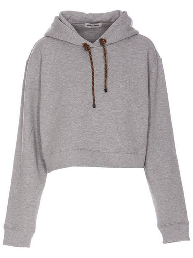 Logo Drawstring Crop Cotton Hoodie Grey - MIU MIU - BALAAN 1