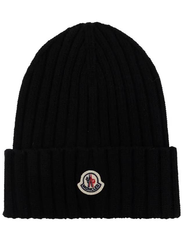 Logo Patch Wool Beanie Black - MONCLER - BALAAN 3