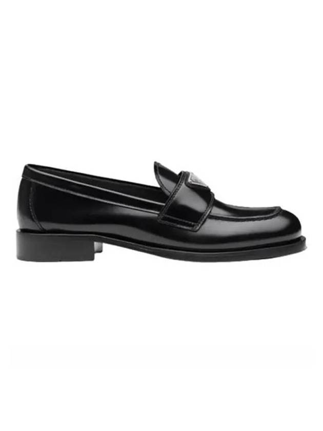 brushed triangle logo leather loafers black - PRADA - BALAAN.