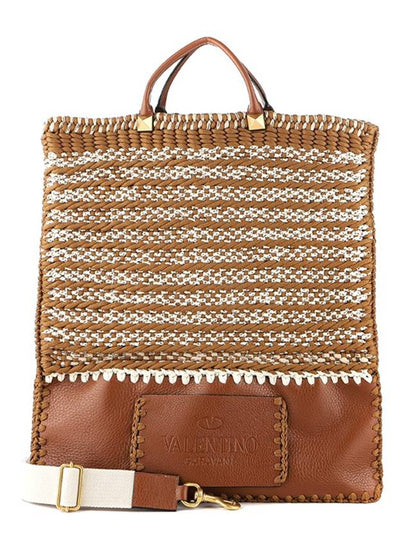 Crochet Flat Shopper Tote Bag Brown - VALENTINO - BALAAN 2