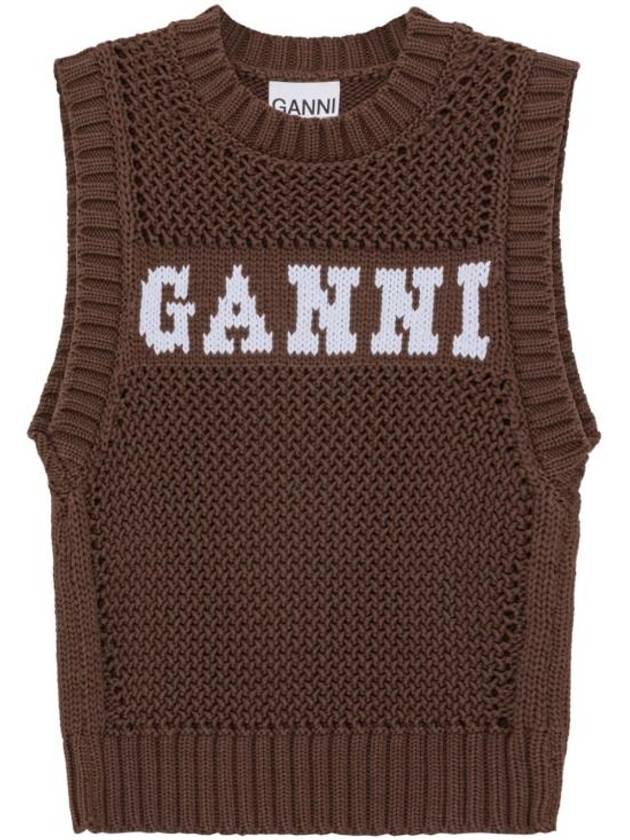 Logo Crochet Vest Knit Top Brown - GANNI - BALAAN 2