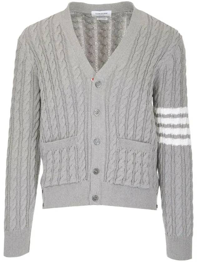 Diagonal Cable V-Neck Knit Cardigan Light Grey - THOM BROWNE - BALAAN 3