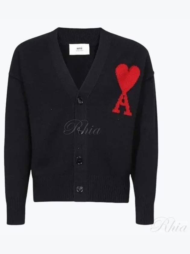 Heart Logo V Neck Wool Cardigan Black - AMI - BALAAN 2