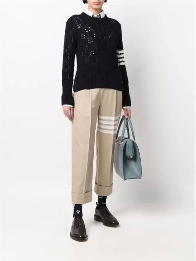 Women's 4 Bar Irish Pointelle Cable Merino Wool Knit Top Navy - THOM BROWNE - BALAAN 4