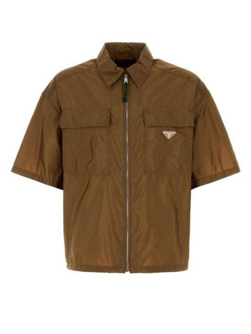 Triangle Logo Zipper Short Sleeve Shirt Camel - PRADA - BALAAN 1