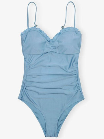 Gathered One-Piece Swimsuit Blue - GANNI - BALAAN 1