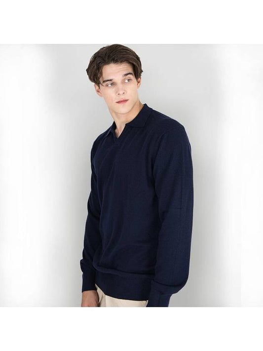 Traverto basic open collar knit NAVY - GOLD PERCENT - BALAAN 1