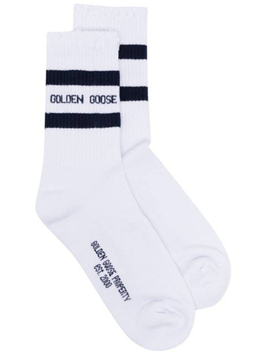 Distressed Finish Blue Stripe Logo Socks White - GOLDEN GOOSE - BALAAN 2