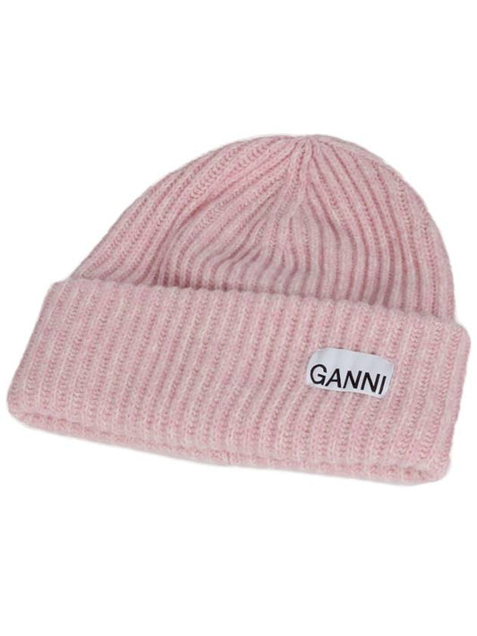 Logo Patch Knit Beanie Pink - GANNI - BALAAN 2