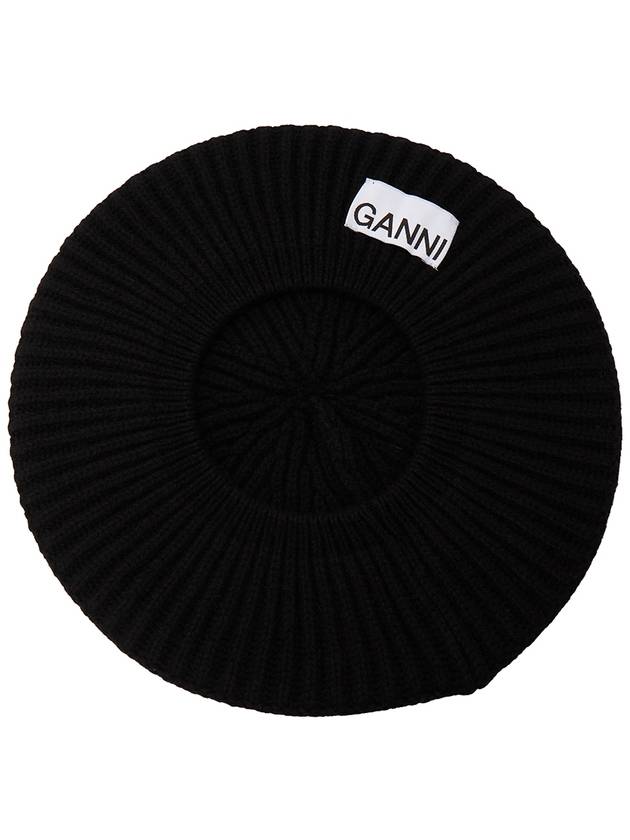 Logo Rib Edge Wool Beret Black - GANNI - BALAAN 6