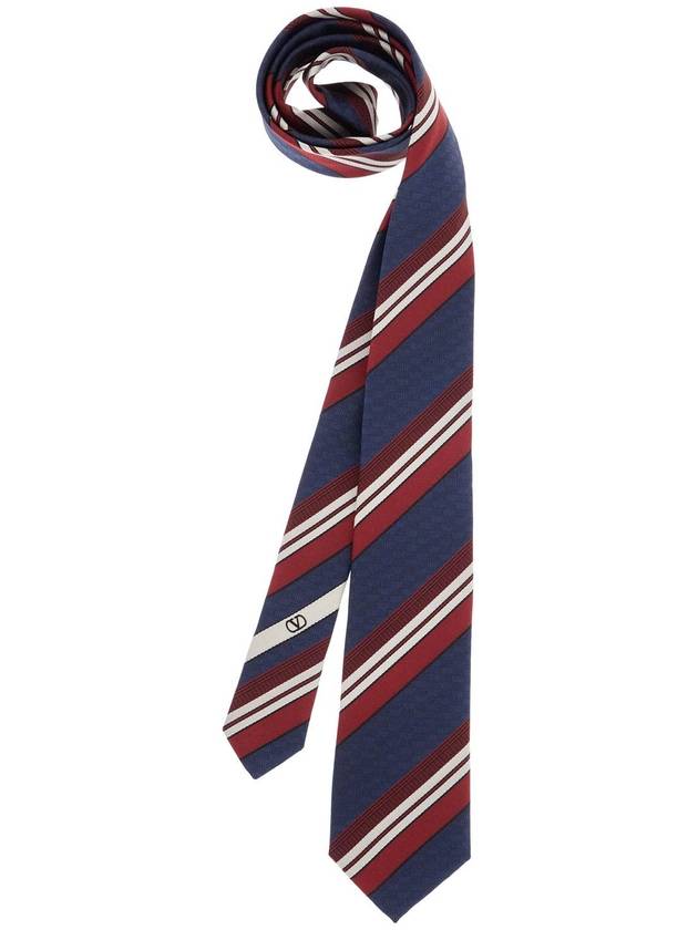 dark blue silk tie with diagonal bordeaux and white stripes - VALENTINO - BALAAN 1