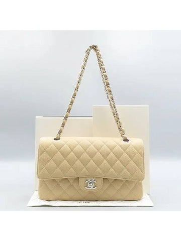 A01112 Beige color caviar skin classic medium M size silver logo chain flap shoulder bag - CHANEL - BALAAN 1