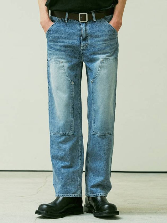 Straight Fit Carpenter Double Knee Washed Denim Pants Blue - KND - BALAAN 2