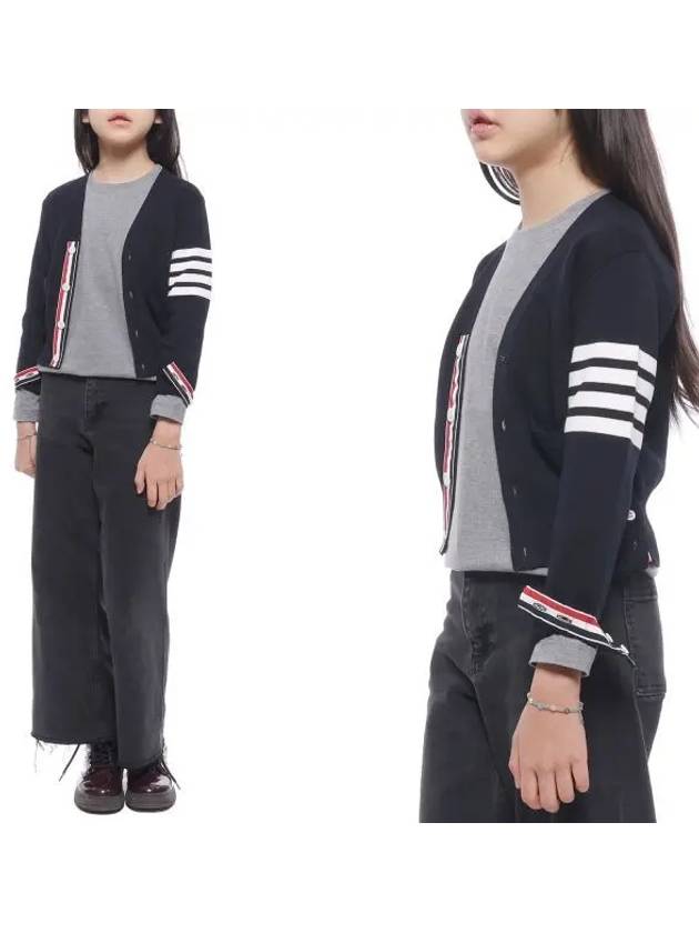 Kids 4-Bar V-Neck Milano Stitch Cotton Cardigan Navy - THOM BROWNE - BALAAN 2