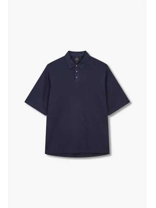 Men s Raglan Sleeve Waffle Polo Shirt Navy - ARMANI EXCHANGE - BALAAN 1