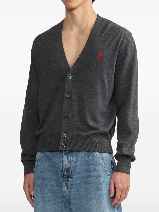 Red Heart Logo Merino Wool Cardigan Heather Grey - AMI - BALAAN 5