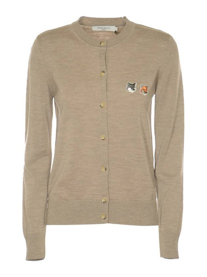 Double Fox Head Patch Round Neck Cardigan Beige Melange - MAISON KITSUNE - BALAAN 2