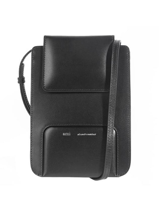 Smooth Leather Vertical Pouch Cross Bag Black - AMI - BALAAN 1