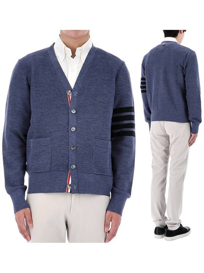 4-Bar Striped Waffle High V-Neck Cardigan Dark Blue - THOM BROWNE - BALAAN 2