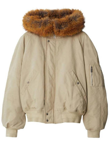 Faux Fur Trim Hooded Bomber Jacket Beige - BURBERRY - BALAAN 1