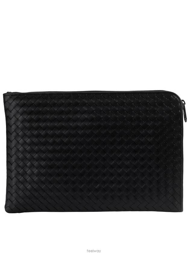 Intrecciato Weaving Zipper Clutch Bag Black - BOTTEGA VENETA - BALAAN 3