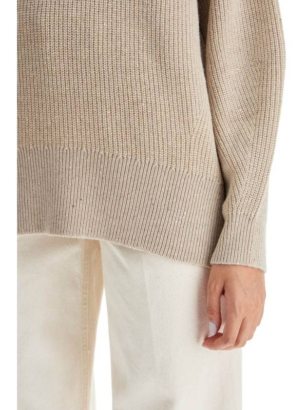 Oversized Beige Ribbed Sweater In Cashmere, Wool And Lurex Woman - BRUNELLO CUCINELLI - BALAAN 6