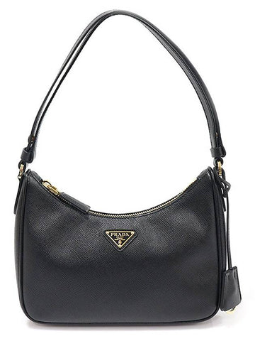 1BC204 Black Saffiano Leather Gold Plated Triangle Mini Hobo Shoulder Bag - PRADA - BALAAN 1