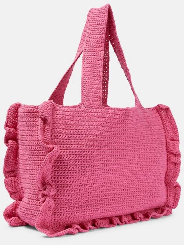 Women's Crochet Ruffle Embroidered Logo Cotton Tote Bag Shocking Pink - GANNI - BALAAN 6