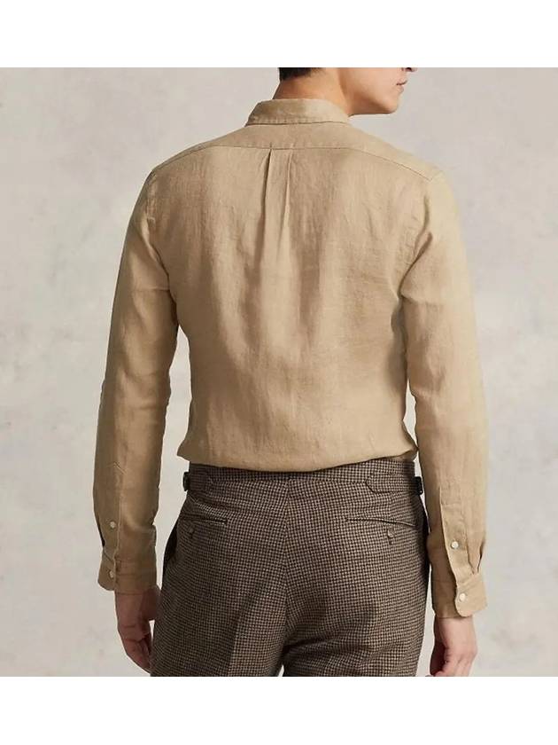 Embroidered Logo Linen Long Sleeve Shirt Brown - POLO RALPH LAUREN - BALAAN 4