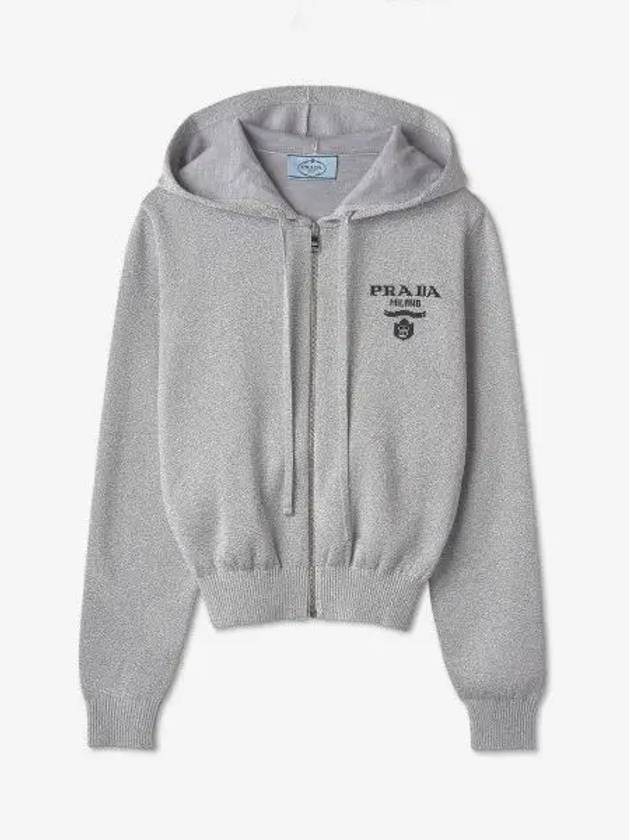 Logo Cashmere Zip Up Hoodie Grey - PRADA - BALAAN 1