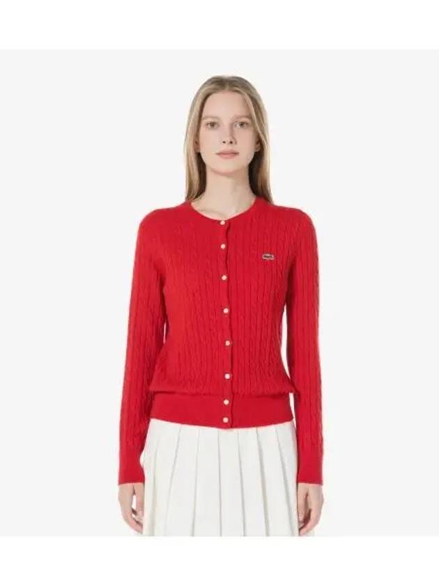 Women s Cable Crew Neck Cardigan Red - LACOSTE - BALAAN 1