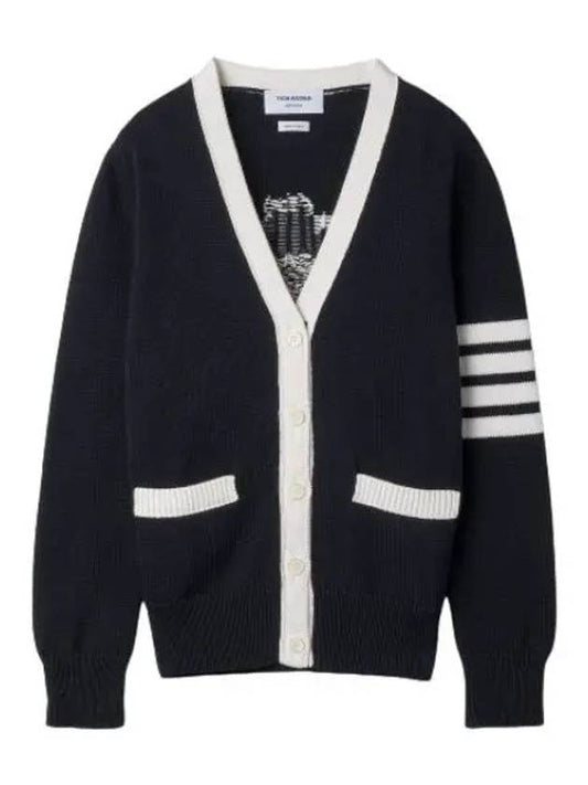 Cotton Jersey Flower Bar V neck Cardigan Navy - THOM BROWNE - BALAAN 1