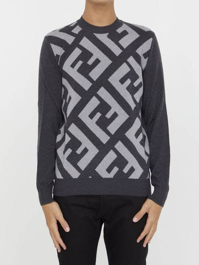 Monogram Jacquard Wool Crewneck Knit Top Grey - FENDI - BALAAN 2