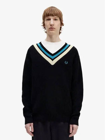 Sharp stripe trim V neck knit 102 AFPM2336523 black - FRED PERRY - BALAAN 1