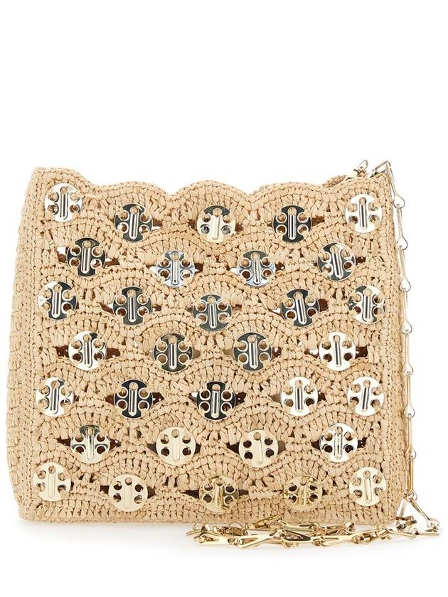 '1969 Square' Beige Shoulder Bag With All-Over Logo Discs And Two Chain-Link Shoulder Straps In Raphia Woman - PACO RABANNE - BALAAN 2