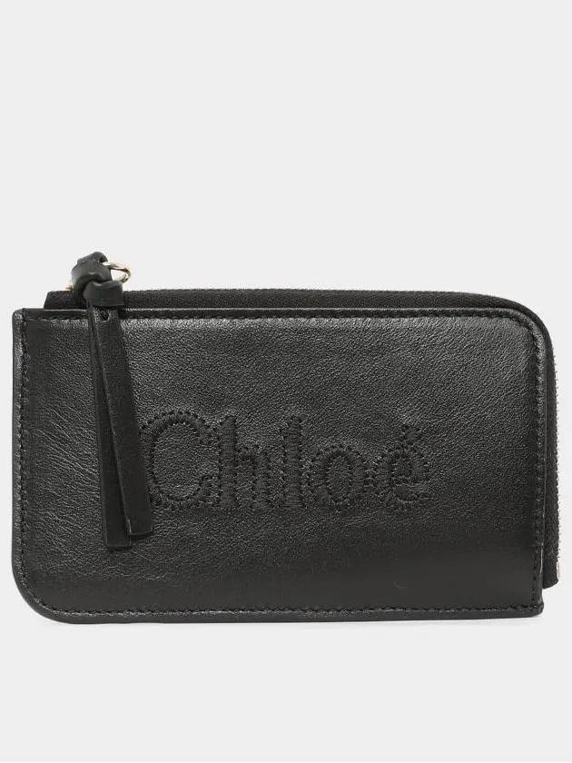 Embroidered Logo Shiny Calf Skin Zipper Coin Wallet Black - CHLOE - BALAAN 2