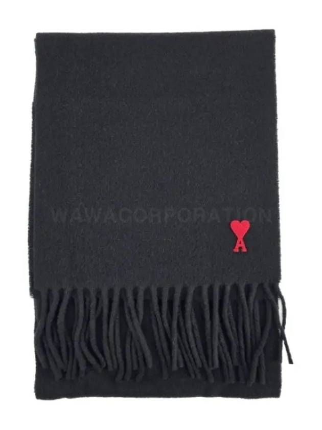 Small Heart Logo Wool Scarf Black - AMI - BALAAN 3