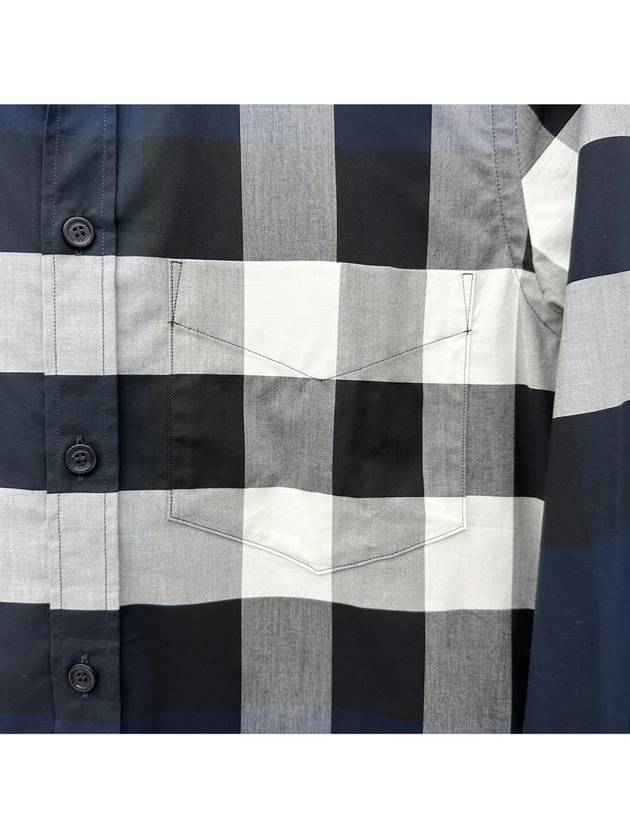 Men's Checked Stretch Cotton Poplin Long Sleeve Shirt Navy - BURBERRY - BALAAN.