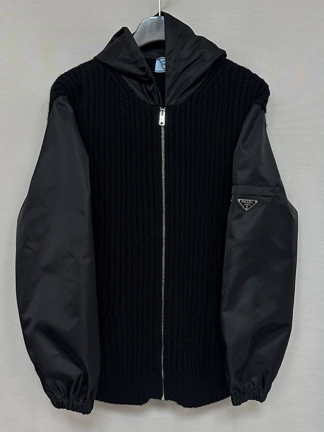 Triangle logo wool cashmere re nylon hood zip up cardigan 40 - PRADA - BALAAN 4