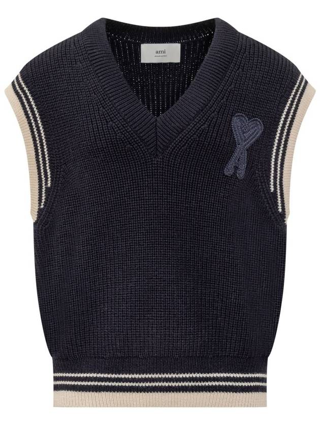 Ribbed V-Neck Wool Vest Navy - AMI - BALAAN 2