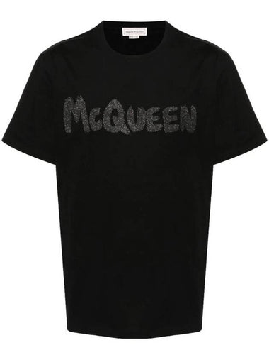 Graffiti Logo Print Short Sleeve T-Shirt Grey Black - ALEXANDER MCQUEEN - BALAAN 1