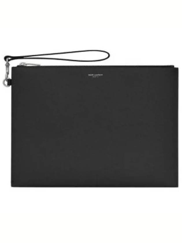 Embossed Leather Grain De Poudre Zipper Tablet Clutch Bag Black - SAINT LAURENT - BALAAN 2