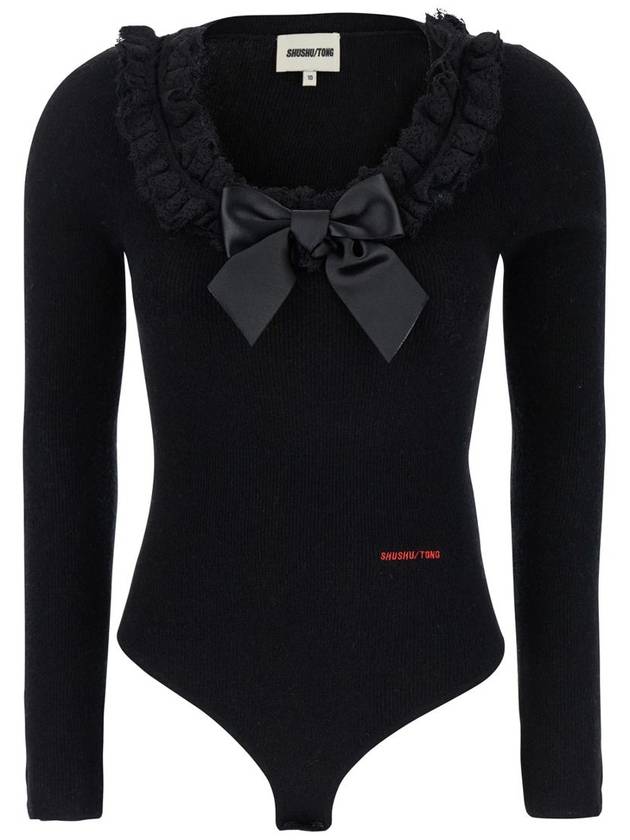 Black Bodysuit With Decorated Neckline And Front Logo In Wool Blend Woman - SHUSHU/TONG - BALAAN 1