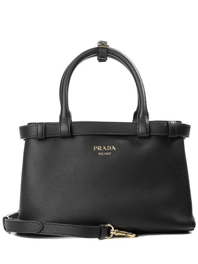 Double Belt Buckle Large Leather Handles Tote Bag Black - PRADA - BALAAN 2