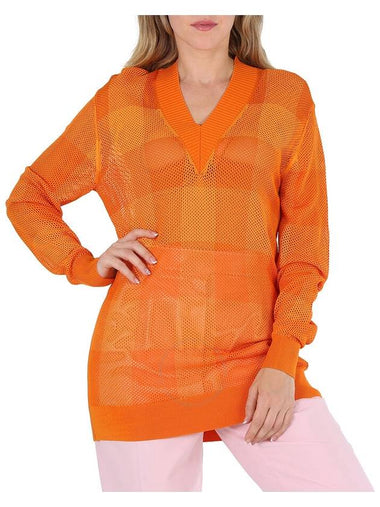 Burberry Ladies Deep Orange Zoie Check Mesh Lace V-Neck Jumper, Size Large - BURBERRY - BALAAN 1