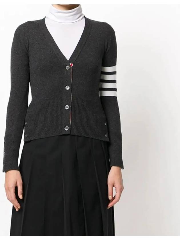 4-Bar V-Neck Cashmere Cardigan Dark Grey - THOM BROWNE - BALAAN 2