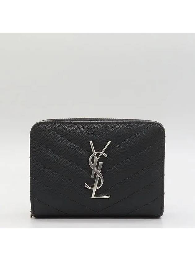 403723 Black leather matelass silver monogram logo decoration compact zip up around half wallet - SAINT LAURENT - BALAAN 2