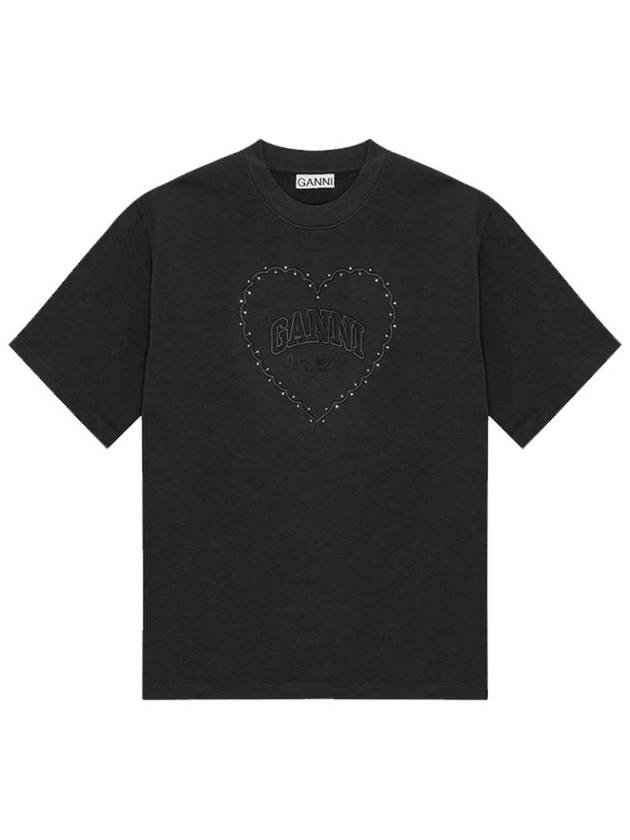 Drop Shoulder Heart Cotton Short Sleeve T-Shirt Black - GANNI - BALAAN 2