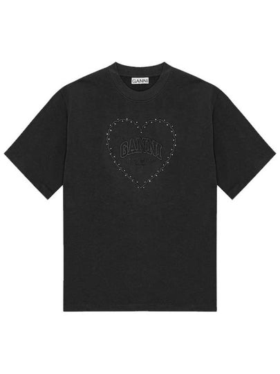 Drop Shoulder Heart Cotton Short Sleeve T-Shirt Black - GANNI - BALAAN 2