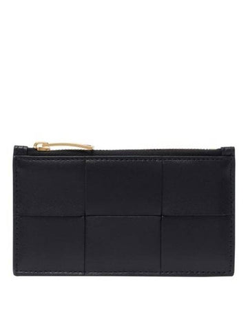 Cassette Intrecciato Zipper Leather Card Wallet Black - BOTTEGA VENETA - BALAAN 1